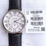 Perfect Replica Cartier Rotonde De Stainless Steel Smooth Bezel Black Leather Strap 40mm Watch